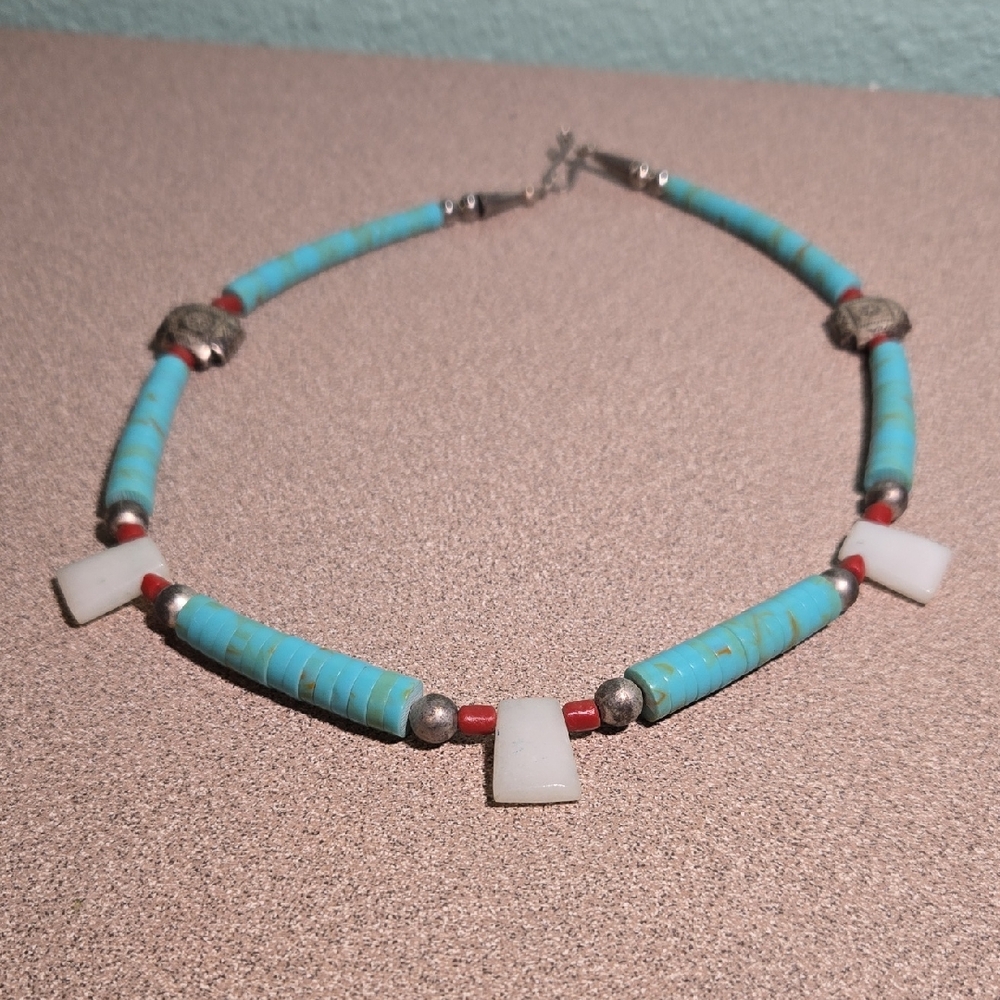 Santa Fe Turquoise and Red Beaded Necklace with Silver Accents